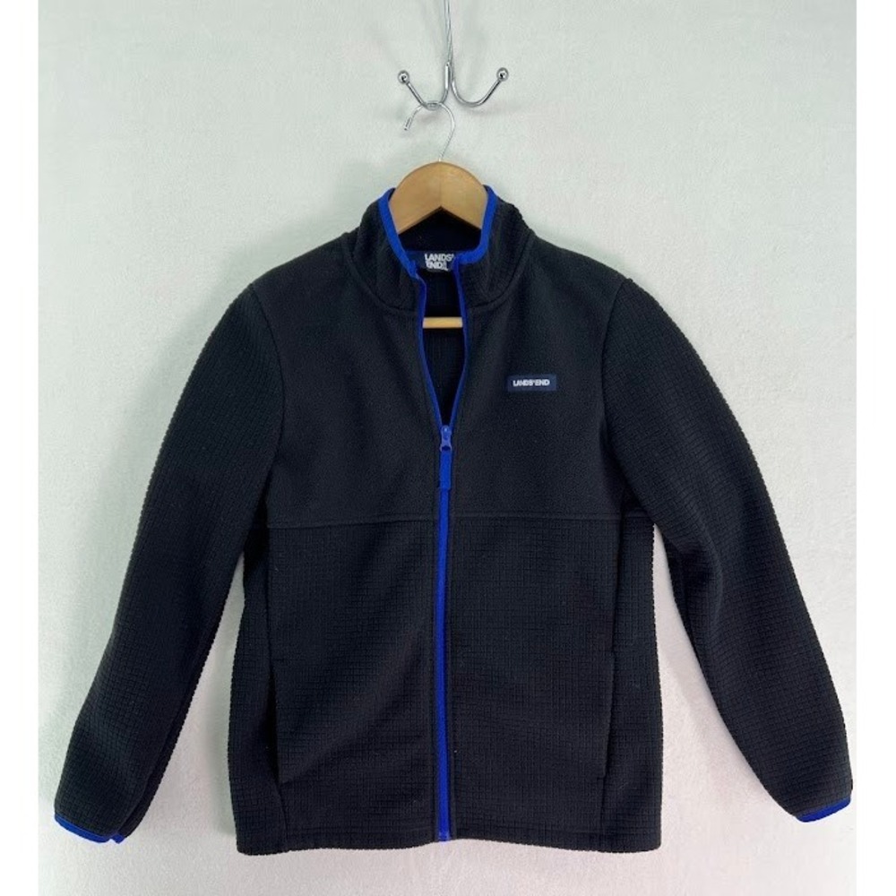Land's End Boys Size‎ 14/16 Black Fleece Full Zip Jacket Blue Trim